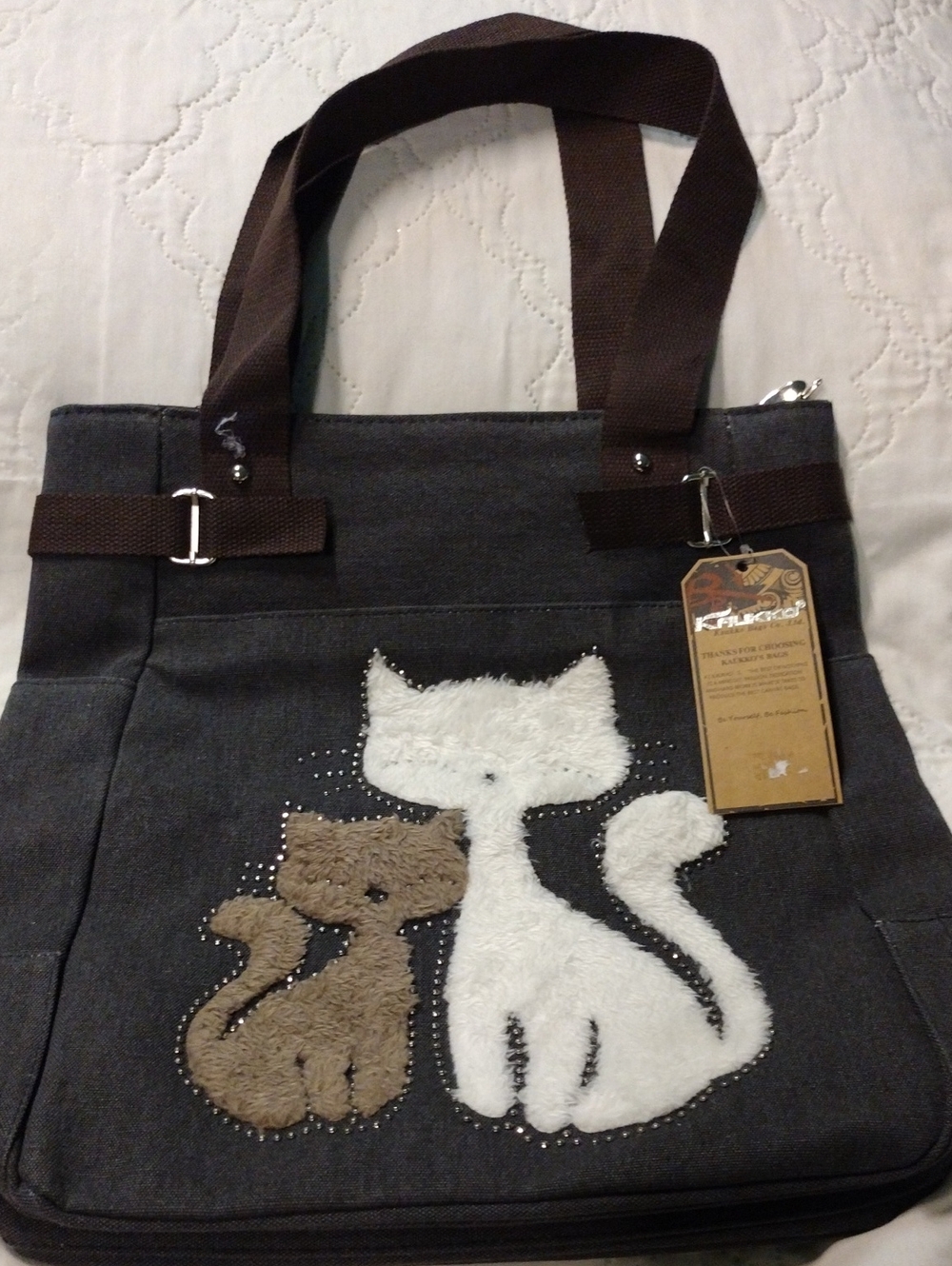 Kaukko Canvas Gray Tote with Textured White and Brown Cat Appliqué